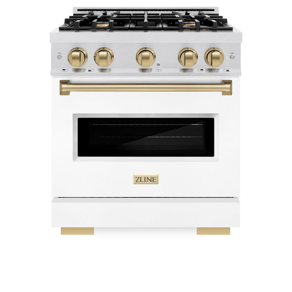 ZLINE Autograph Edition 30 in. 4.2 cu. ft. Classic Dual Fuel Range with 4 Burner Gas Cooktop and Electric Convection Oven in DuraSnow® Stainless Steel with White Matte Door and Champagne Bronze Accents (CDRSZ-WM-30-CB)