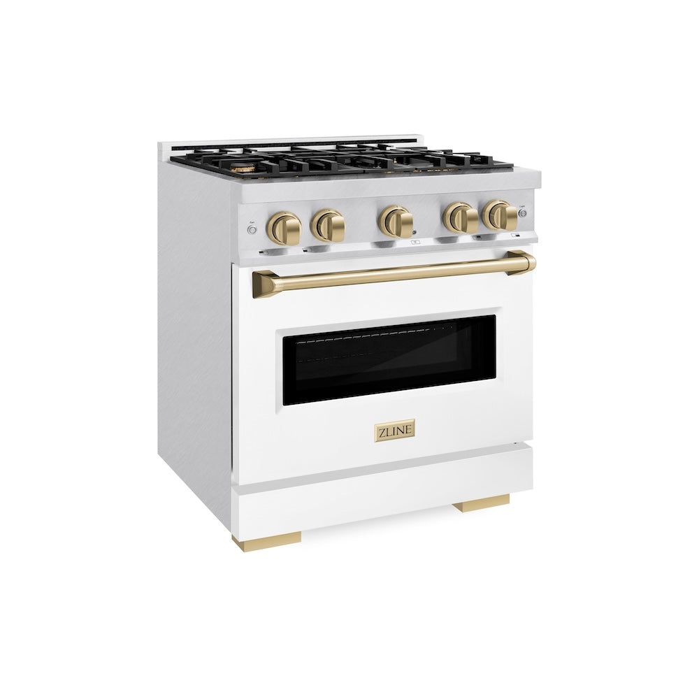 ZLINE Autograph Edition 30 in. 4.2 cu. ft. Classic Dual Fuel Range with 4 Burner Gas Cooktop and Electric Convection Oven in DuraSnow® Stainless Steel with White Matte Door and Champagne Bronze Accents (CDRSZ-WM-30-CB)