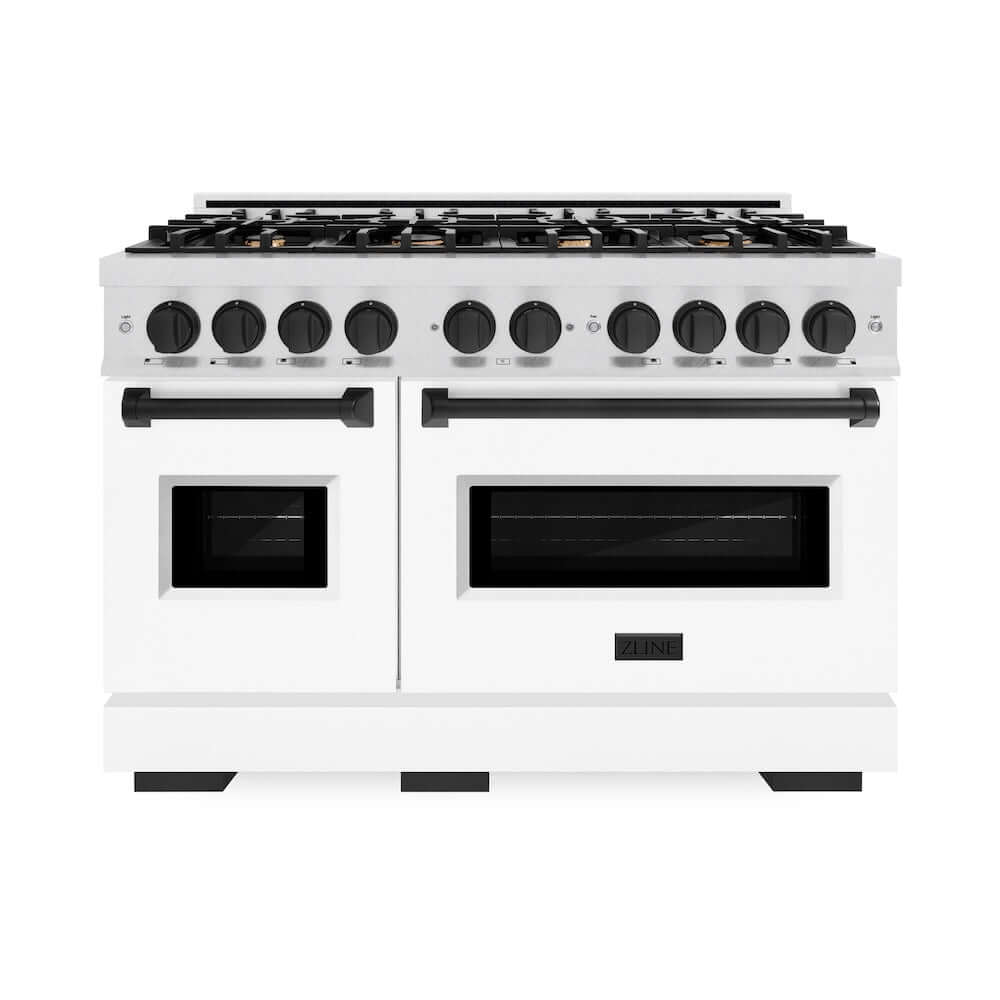 ZLINE Autograph Edition 48 in. 6.7 cu. ft. Classic Double Oven Dual Fuel Range with 8 Burner Gas Cooktop in DuraSnow® Stainless Steel with White Matte Doors and Matte Black Accents (CDRSZ-WM-48-MB)