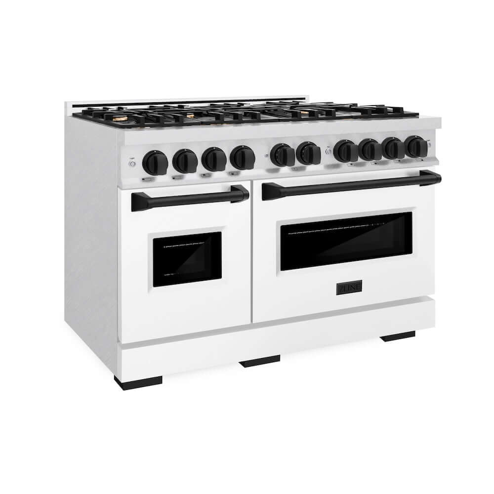 ZLINE Autograph Edition 48 in. 6.7 cu. ft. Classic Double Oven Dual Fuel Range with 8 Burner Gas Cooktop in DuraSnow® Stainless Steel with White Matte Doors and Matte Black Accents (CDRSZ-WM-48-MB)