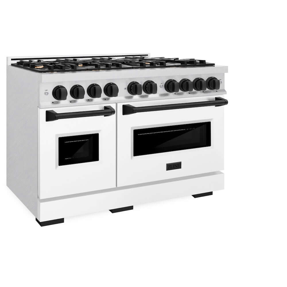 ZLINE Autograph Edition 48 in. 6.7 cu. ft. Classic Double Oven Dual Fuel Range with 8 Burner Gas Cooktop in DuraSnow® Stainless Steel with White Matte Doors and Matte Black Accents (CDRSZ-WM-48-MB)