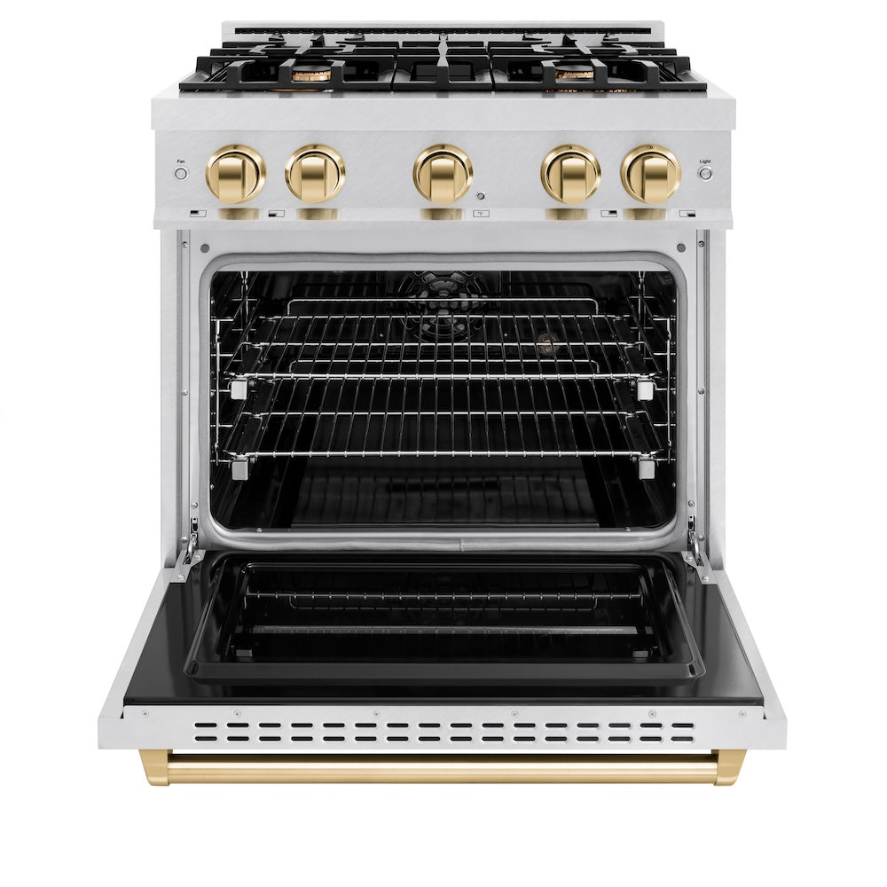 ZLINE Autograph Edition 30 in. 4.2 cu. ft. Classic Dual Fuel Range with 4 Burner Gas Cooktop and Electric Convection Oven in DuraSnow® Stainless Steel with Polished Gold Accents (CDRSZ-30-G)