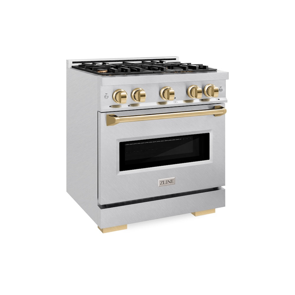 ZLINE Autograph Edition 30 in. 4.2 cu. ft. Classic Dual Fuel Range with 4 Burner Gas Cooktop and Electric Convection Oven in DuraSnow® Stainless Steel with Polished Gold Accents (CDRSZ-30-G)