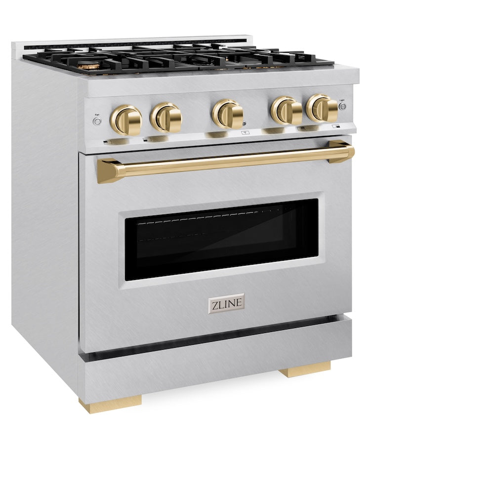 ZLINE Autograph Edition 30 in. 4.2 cu. ft. Classic Dual Fuel Range with 4 Burner Gas Cooktop and Electric Convection Oven in DuraSnow® Stainless Steel with Polished Gold Accents (CDRSZ-30-G)