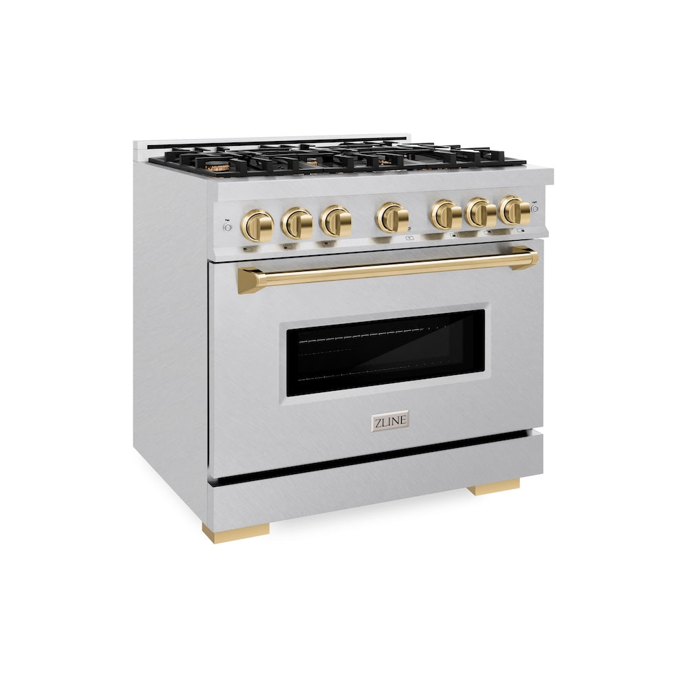 ZLINE Autograph Edition 36 in. 5.2 cu. ft. Classic Dual Fuel Range with 6 Burner Gas Cooktop and Electric Convection Oven in DuraSnow® Stainless Steel with Polished Gold Accents (CDRSZ-36-G)