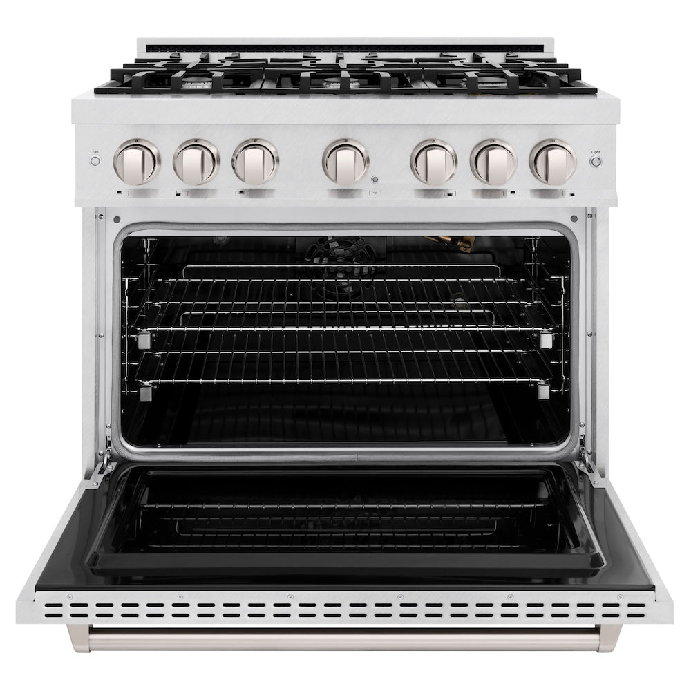 ZLINE 36 in. 5.2 cu. ft. Classic Gas Range with 6 Burner Cooktop and Convection Gas Oven in DuraSnow® Stainless Steel (CGRS-36) front, oven open.