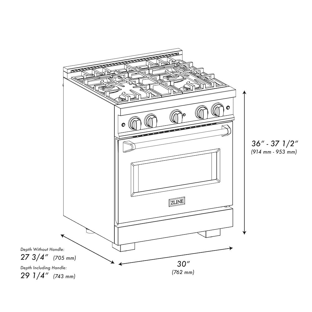 ZLINE 30 in. 4.2 cu. ft. Classic Gas Range with Convection Gas Oven in DuraSnow® Stainless Steel with 4 Brass Burners (CGRS-BR-30) dimensional diagram.