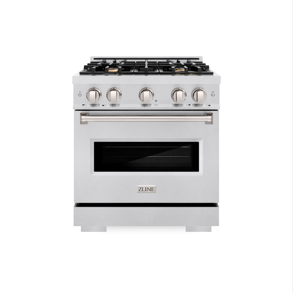 ZLINE 30 in. 4.2 cu. ft. Classic Gas Range with Convection Gas Oven in DuraSnow® Stainless Steel with 4 Brass Burners (CGRS-BR-30) front, oven closed.