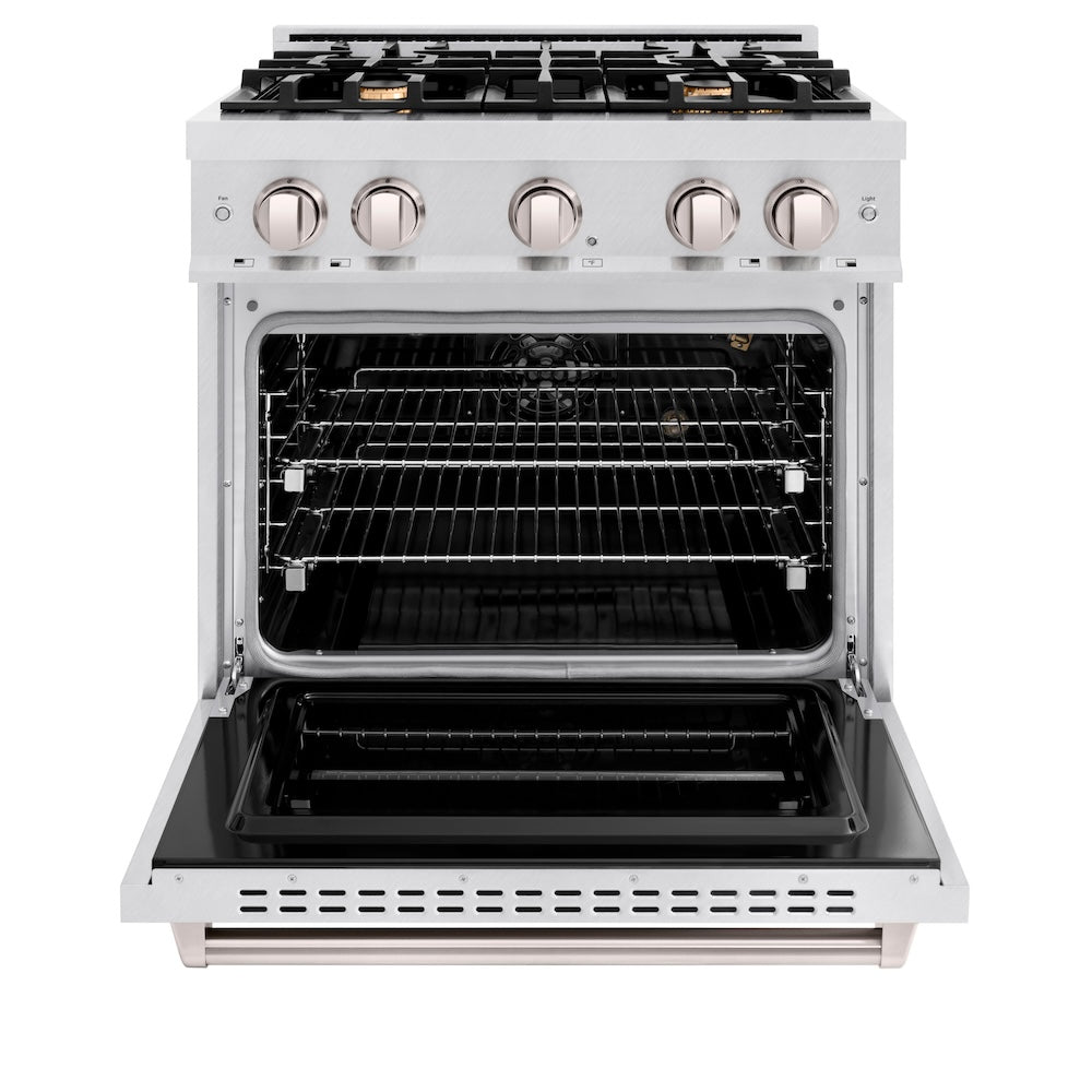 ZLINE 30 in. 4.2 cu. ft. Classic Gas Range with Convection Gas Oven in DuraSnow® Stainless Steel with 4 Brass Burners (CGRS-BR-30) front, oven open.