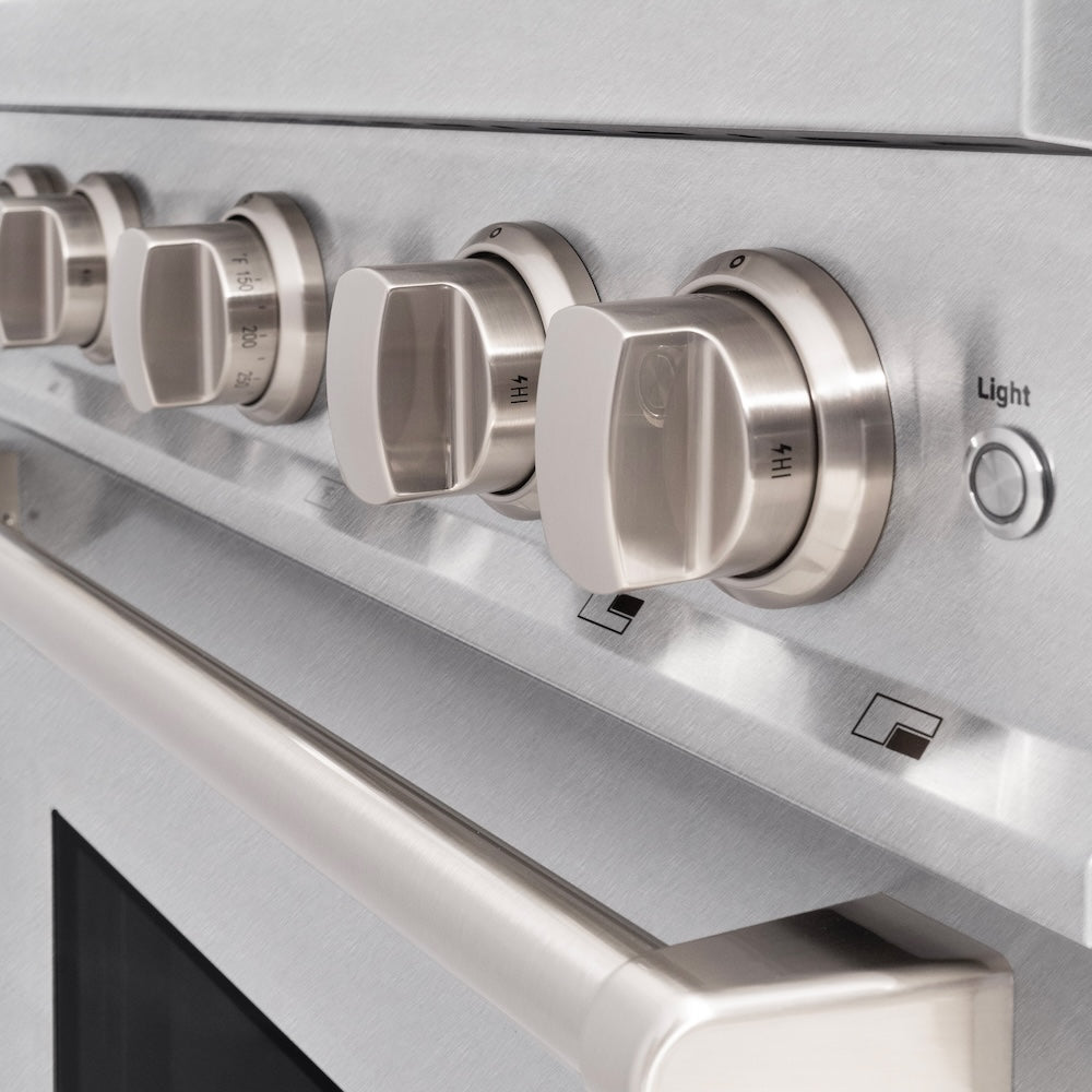 ZLINE 30 in. 4.2 cu. ft. Classic Gas Range with Convection Gas Oven in DuraSnow® Stainless Steel with 4 Brass Burners (CGRS-BR-30) close-up, oven and cooktop knobs.