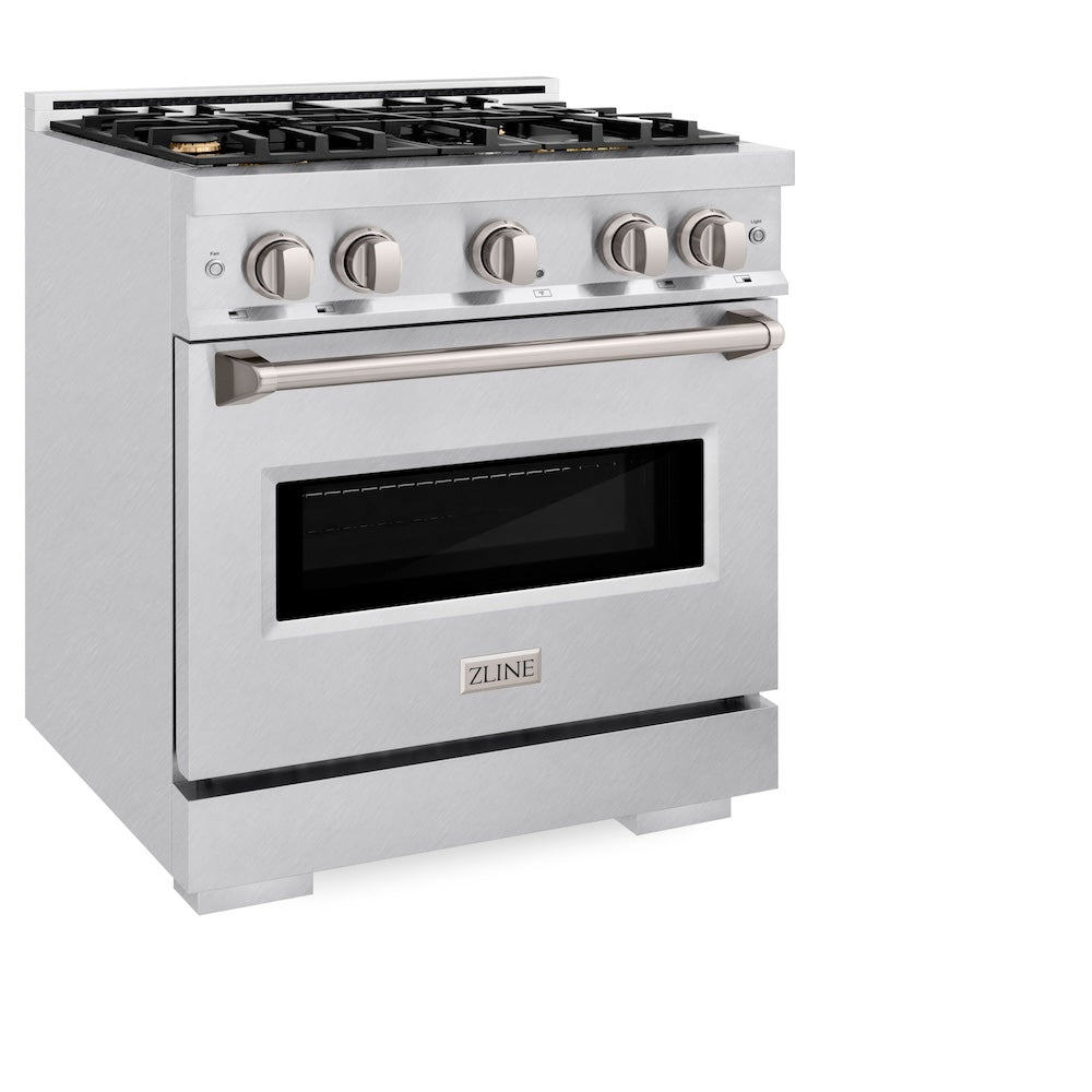 ZLINE 30 in. 4.2 cu. ft. Classic Gas Range with Convection Gas Oven in DuraSnow® Stainless Steel with 4 Brass Burners (CGRS-BR-30) side, oven closed.