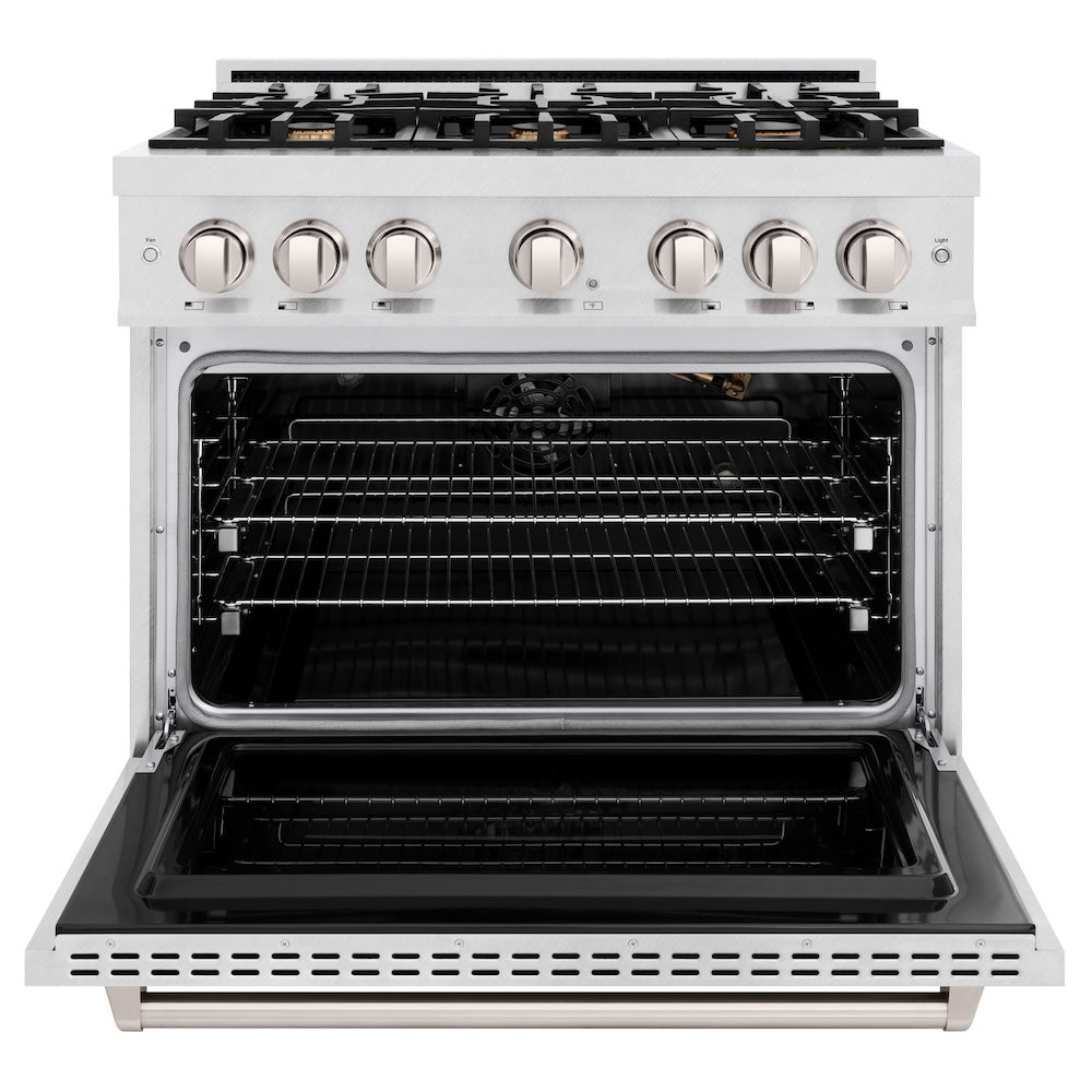 ZLINE 36 in. 5.2 cu. ft. Classic Gas Range with Convection Gas Oven in DuraSnow® Stainless Steel with 6 Brass Burners (CGRS-BR-36) front, oven open.