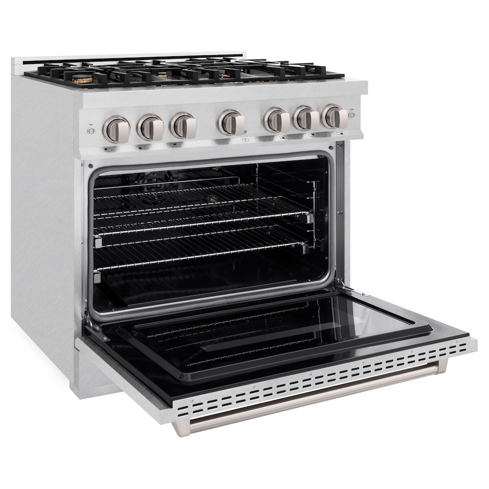 ZLINE 36 in. 5.2 cu. ft. Classic Gas Range with Convection Gas Oven in DuraSnow® Stainless Steel with 6 Brass Burners (CGRS-BR-36) side, oven open.