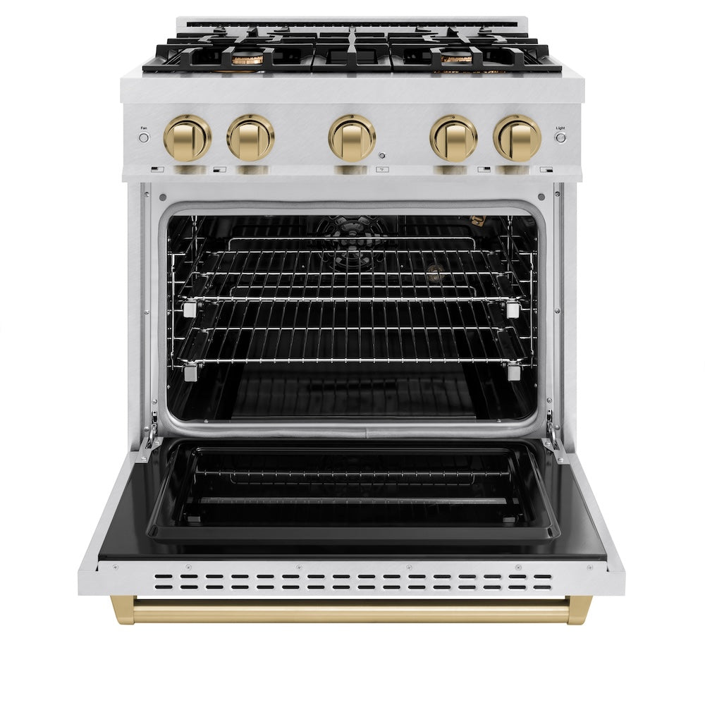 ZLINE Autograph Edition 30 in. 4.2 cu. ft. Classic Gas Range with 4 Burner Cooktop and Convection Gas Oven in DuraSnow® Stainless Steel and Champagne Bronze Accents (CGRSZ-30-CB)