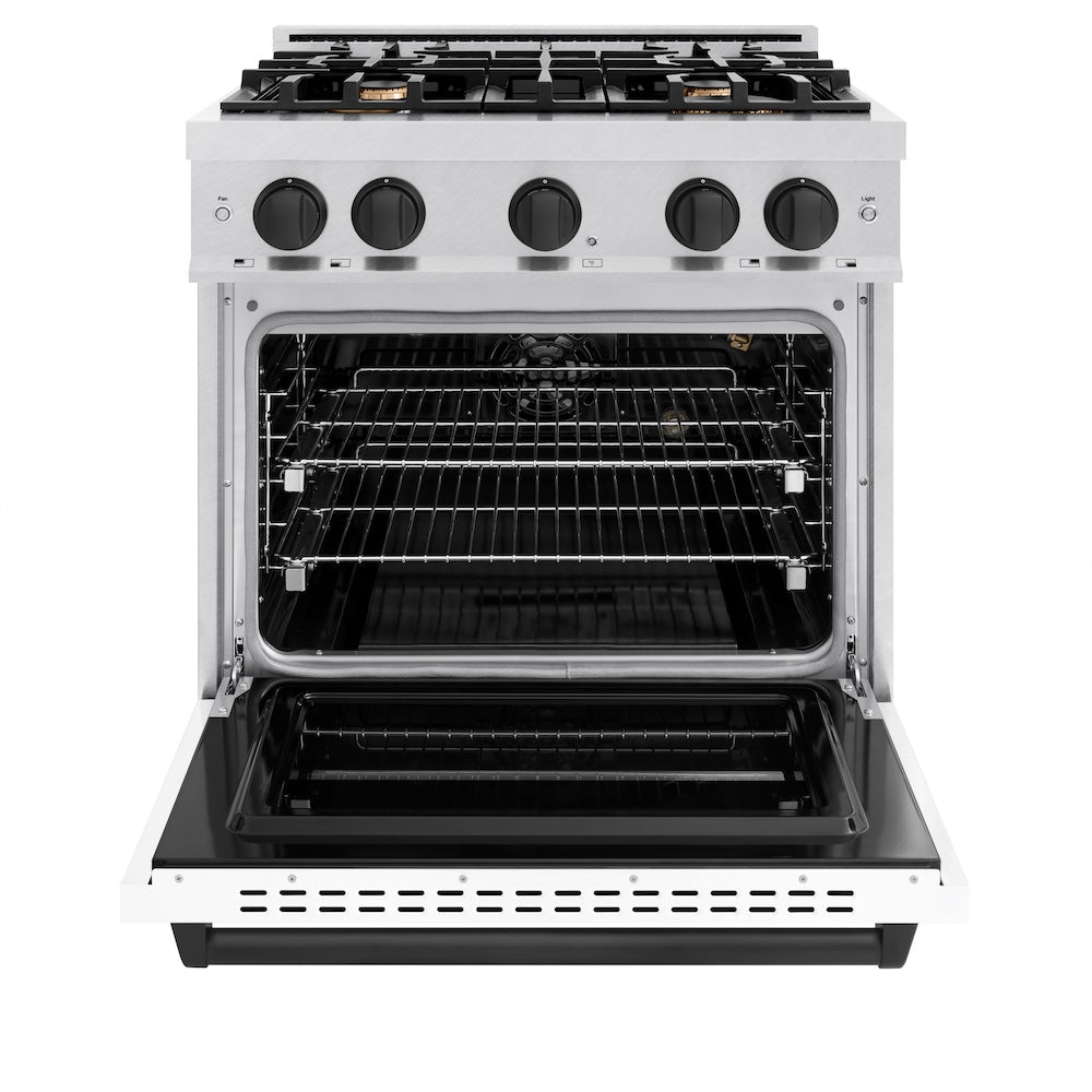 ZLINE Autograph Edition 30 in. 4.2 cu. ft. Classic Gas Range with 4 Burner Cooktop and Convection Gas Oven in DuraSnow® Stainless Steel with White Matte Door and Matte Black Accents (CGRSZ-WM-30-MB)