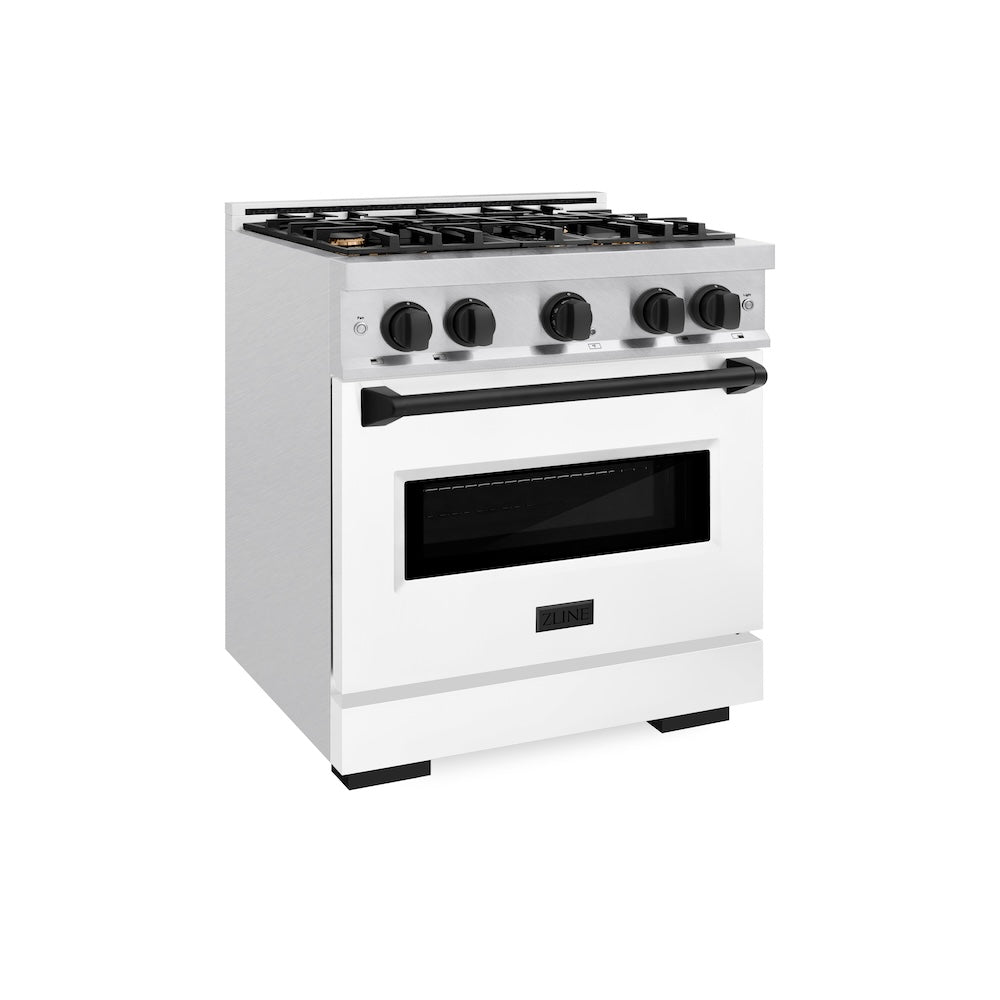 ZLINE Autograph Edition 30 in. 4.2 cu. ft. Classic Gas Range with 4 Burner Cooktop and Convection Gas Oven in DuraSnow® Stainless Steel with White Matte Door and Matte Black Accents (CGRSZ-WM-30-MB)