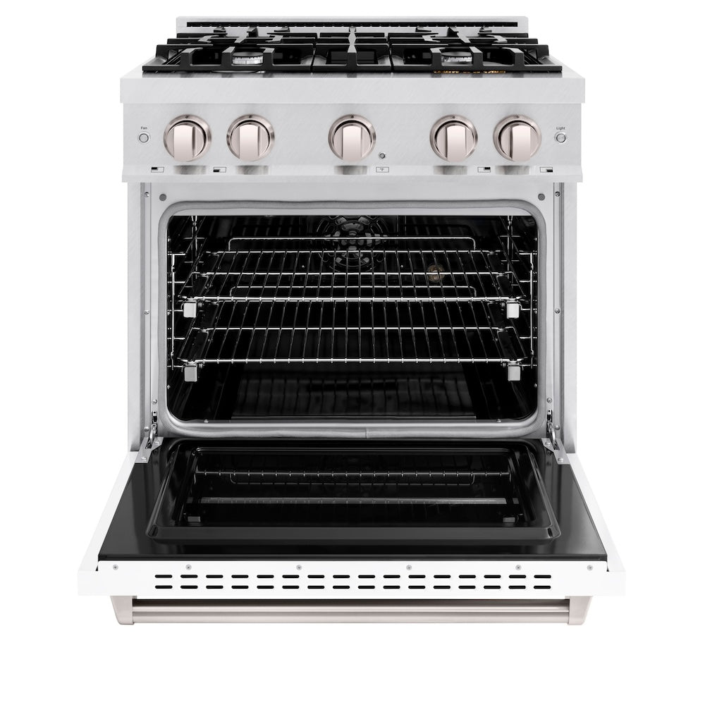 ZLINE 30 in. 4.2 cu. ft. Classic Dual Fuel Range with 4 Burner Gas Cooktop and Electric Convection Oven in DuraSnow® Stainless Steel with White Matte Door (CDRS-WM-30) front, oven open.