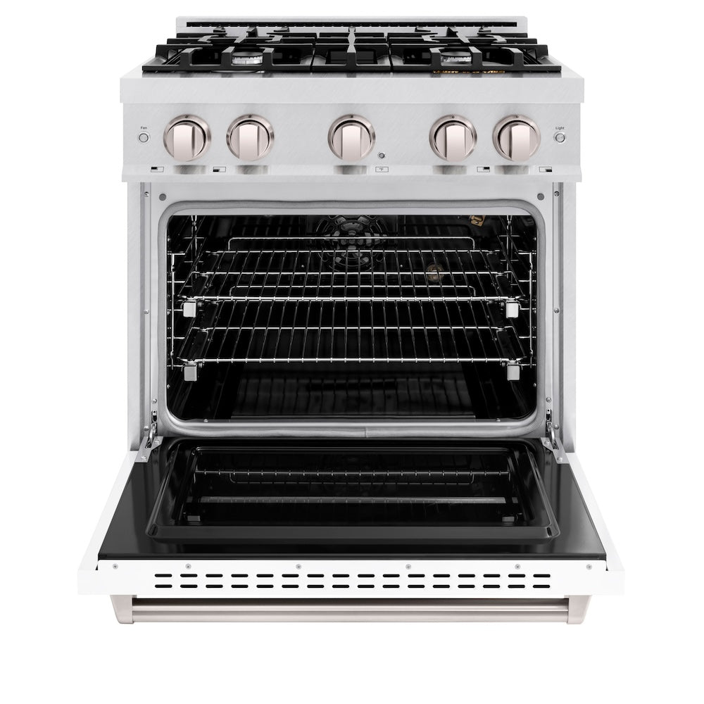 ZLINE 30 in. 4.2 cu. ft. Classic Gas Range with 4 Burner Cooktop and Convection Gas Oven in DuraSnow® Stainless Steel with White Matte Door (CGRS-WM-30) front, oven open.