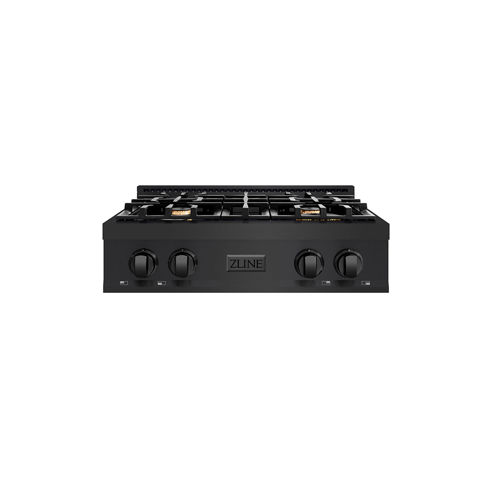 ZLINE 30 in. Classic Gas Rangetop with 4 Brass Burners and Porcelain Cooktop in Black Stainless Steel (RTB-BR-30) main image.