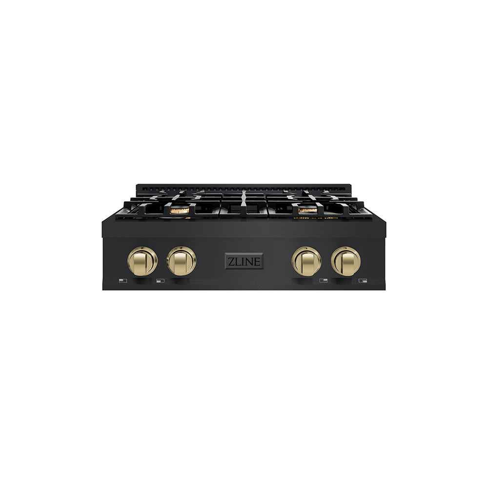 ZLINE Autograph Edition 30 in. Classic Gas Rangetop with 4 Burners and Porcelain Cooktop in Black Stainless Steel with Champagne Bronze Accents (RTBZ-30-CB) main image.