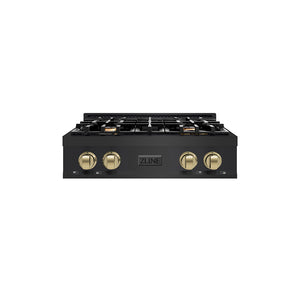 ZLINE Autograph Edition 30 in. Classic Gas Rangetop with 4 Burners and Porcelain Cooktop in Black Stainless Steel with Champagne Bronze Accents (RTBZ-30-CB) main image.