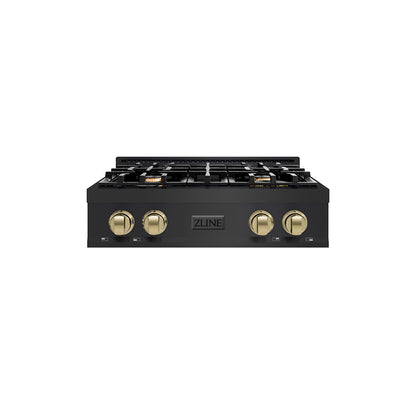 ZLINE Autograph Edition 30 in. Classic Gas Rangetop with 4 Burners and Porcelain Cooktop in Black Stainless Steel with Champagne Bronze Accents (RTBZ-30-CB) main image.