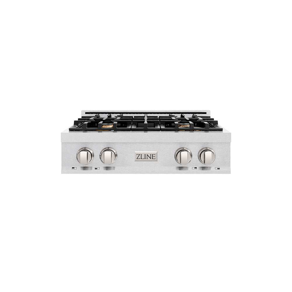 ZLINE 30 in. Classic Gas Rangetop with 4 Brass Burners and Porcelain Cooktop in Satin Stainless Steel (RTS-BR-30) main image.