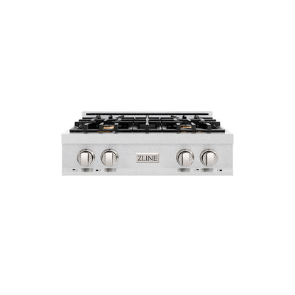 ZLINE 30 in. Classic Gas Rangetop with 4 Brass Burners and Porcelain Cooktop in Satin Stainless Steel (RTS-BR-30) main image.