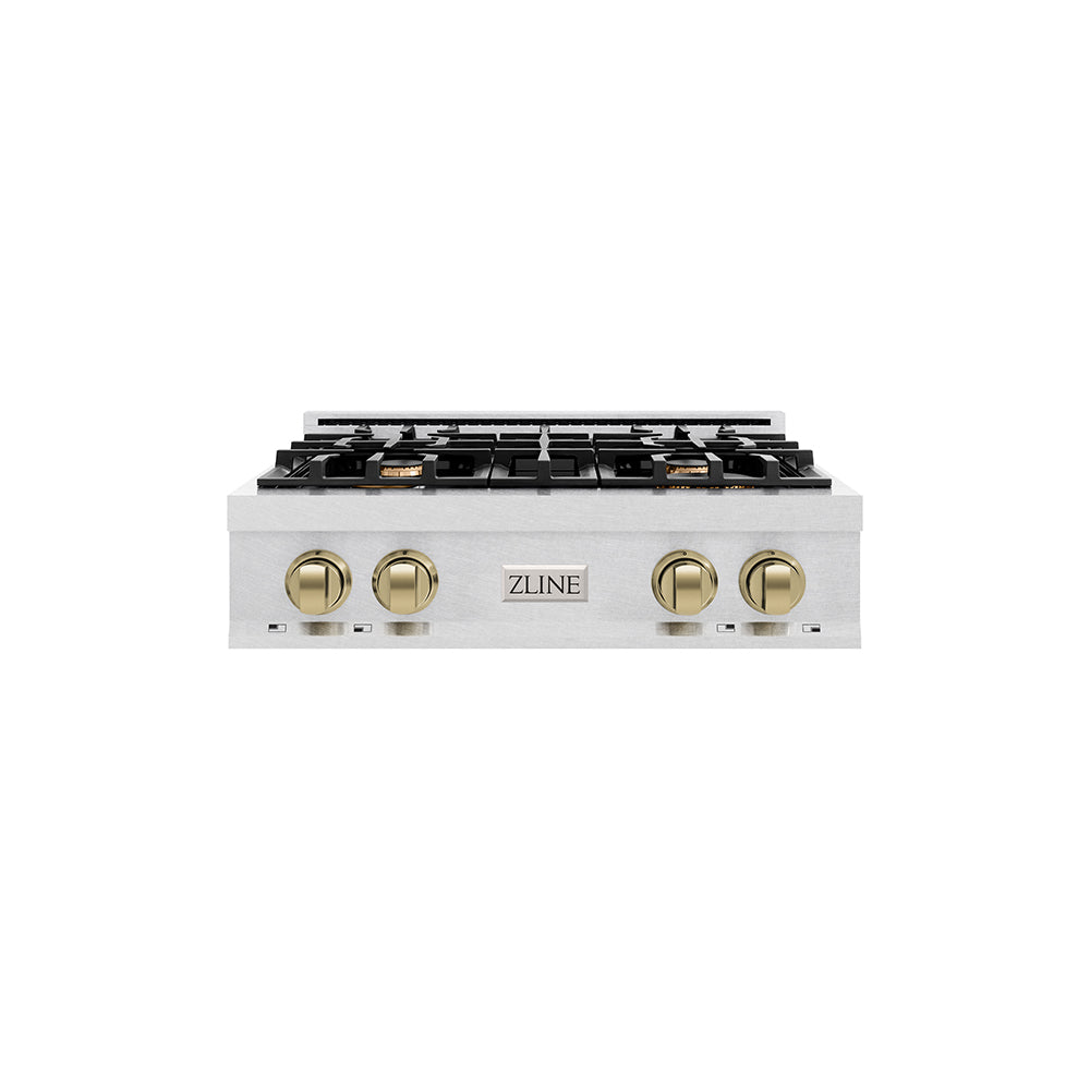 ZLINE Autograph Edition 30 in. Classic Gas Rangetop with 4 Burners and Porcelain Cooktop in Satin Stainless Steel with Champagne Bronze Accents (RTSZ-30-CB) main image.