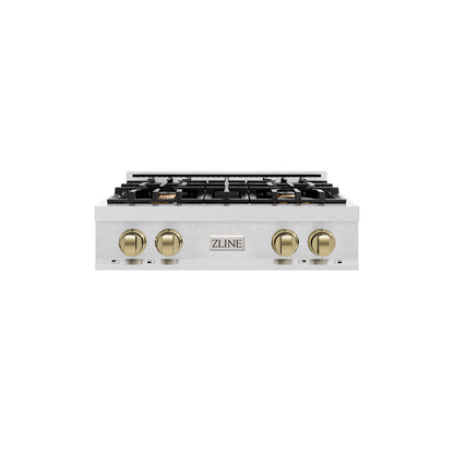 ZLINE Autograph Edition 30 in. Classic Gas Rangetop with 4 Burners and Porcelain Cooktop in Satin Stainless Steel with Champagne Bronze Accents (RTSZ-30-CB) main image.