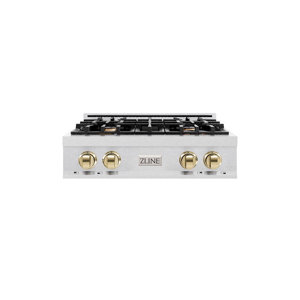 ZLINE Autograph Edition 30 in. Classic Gas Rangetop with 4 Burners and Porcelain Cooktop in Satin Stainless Steel with Polished Gold Accents (RTSZ-30-G) main image.