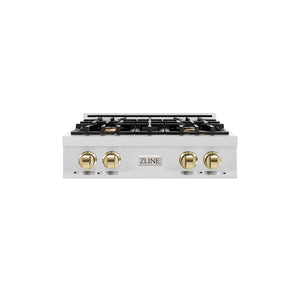 ZLINE Autograph Edition 30 in. Classic Gas Rangetop with 4 Burners and Porcelain Cooktop in Satin Stainless Steel with Polished Gold Accents (RTSZ-30-G) main image.