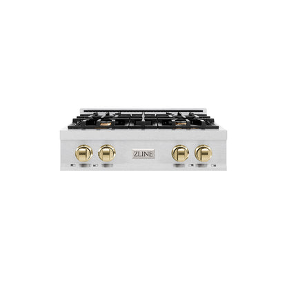 ZLINE Autograph Edition 30 in. Classic Gas Rangetop with 4 Burners and Porcelain Cooktop in Satin Stainless Steel with Polished Gold Accents (RTSZ-30-G) main image.