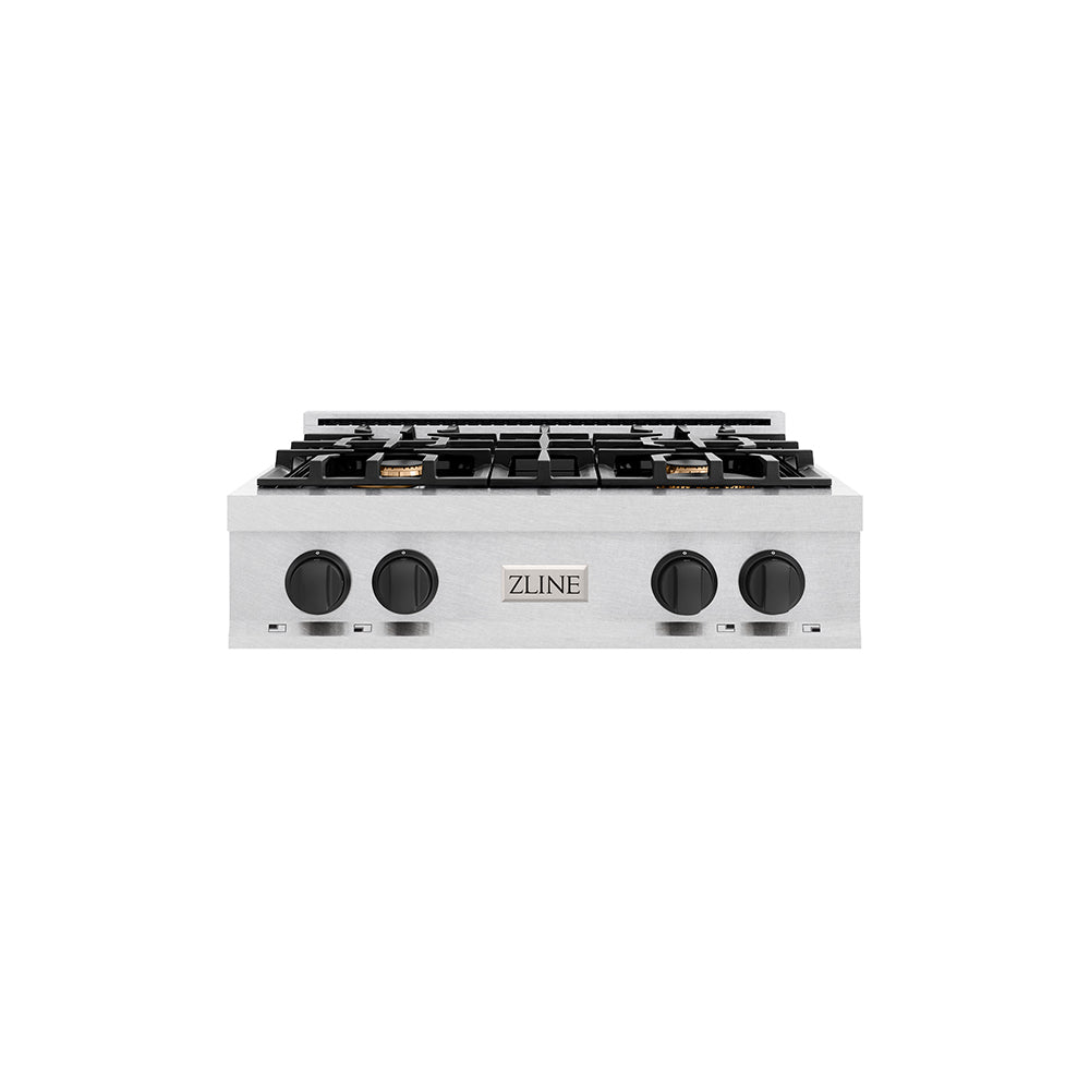ZLINE Autograph Edition 30 in. Classic Gas Rangetop with 4 Burners and Porcelain Cooktop in Satin Stainless Steel with Matte Black Accents (RTSZ-30-MB) main image.