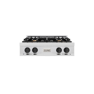ZLINE Autograph Edition 30 in. Classic Gas Rangetop with 4 Burners and Porcelain Cooktop in Satin Stainless Steel with Matte Black Accents (RTSZ-30-MB) main image.