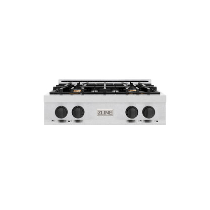 ZLINE Autograph Edition 30 in. Classic Gas Rangetop with 4 Burners and Porcelain Cooktop in Satin Stainless Steel with Matte Black Accents (RTSZ-30-MB) main image.