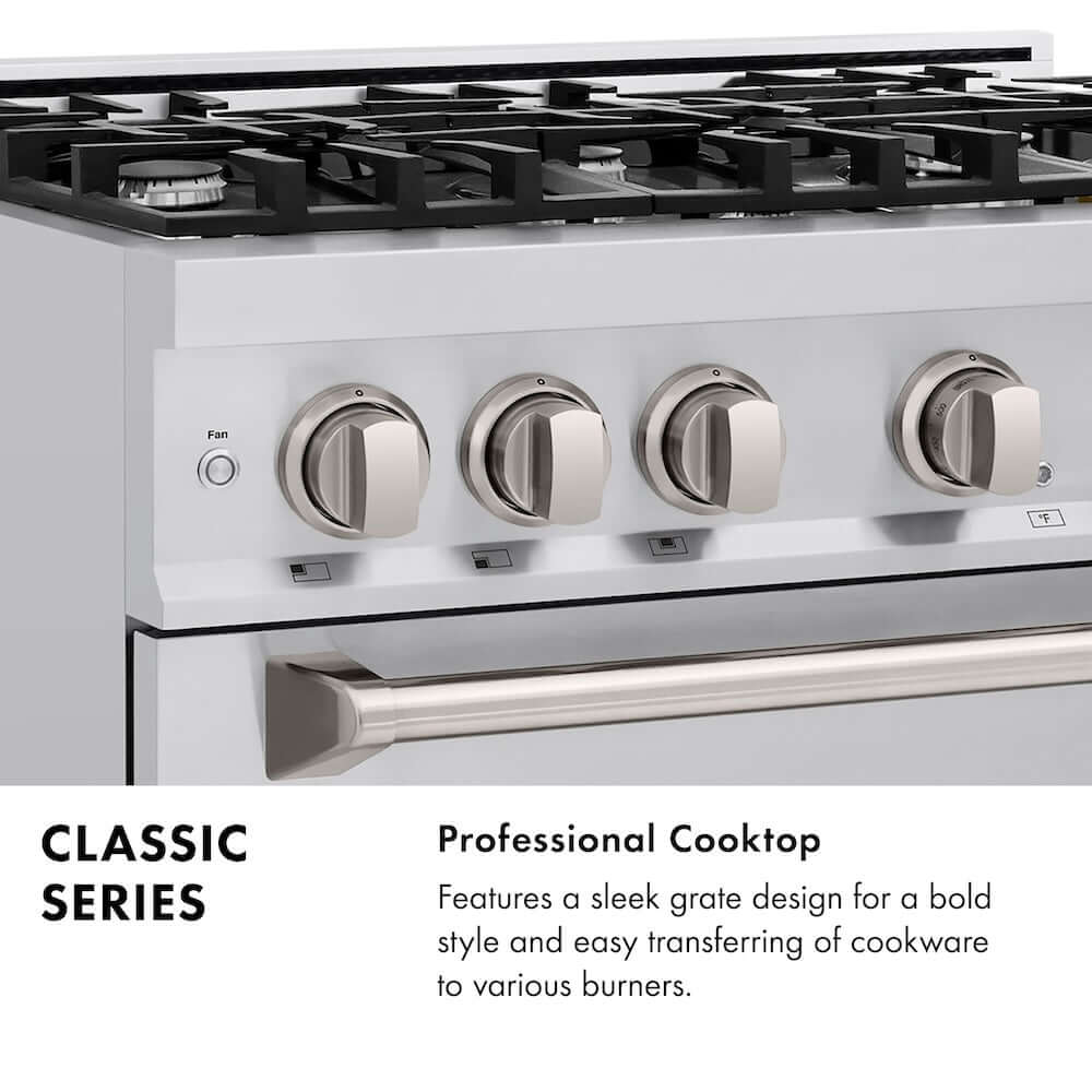 Classic Series Infographic. Professional Cooktop. Text: Features a sleek grate design for a bold style and easy transferring of cookware to various burners.