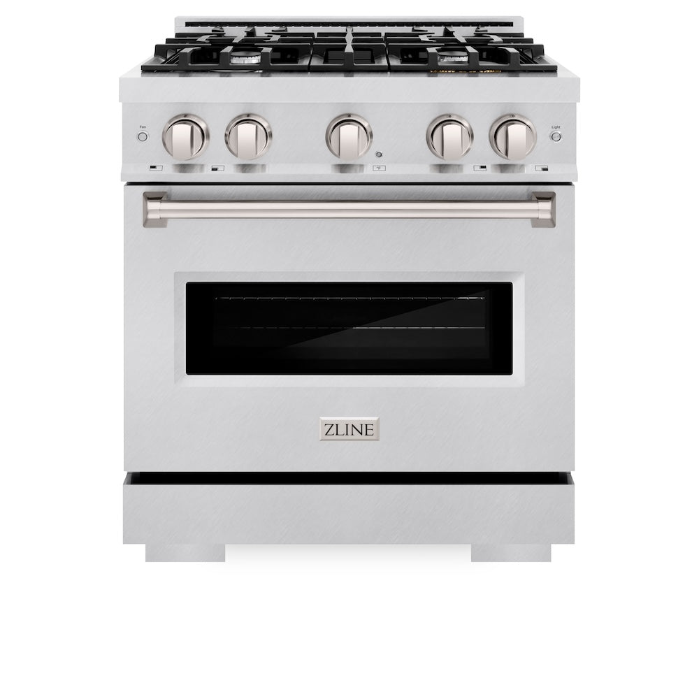 ZLINE 30 in. 4.2 cu. ft. Classic Dual Fuel Range with 4 Burner Gas Cooktop and Electric Convection Oven in Satin Stainless Steel (CDRS-30) front.