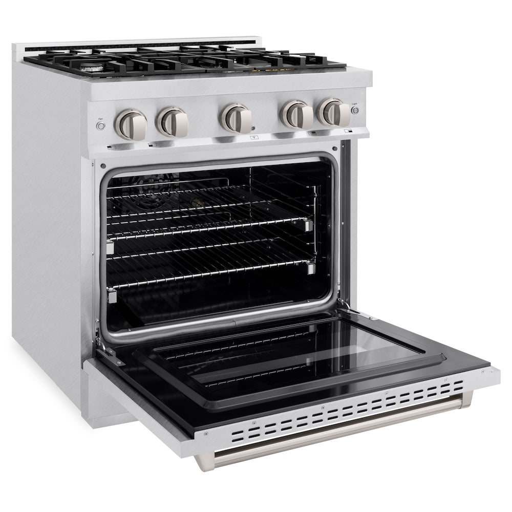 ZLINE 30 in. 4.2 cu. ft. Classic Dual Fuel Range with 4 Burner Gas Cooktop and Electric Convection Oven in Satin Stainless Steel (CDRS-30) side, open.