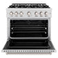 ZLINE 36 in. 5.2 cu. ft. Classic Dual Fuel Range with 6 Burner Gas Cooktop and Electric Convection Oven in Satin Stainless Steel (CDRS-36) front, oven open.