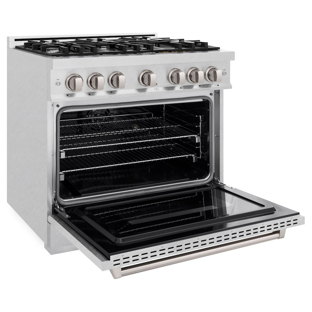 ZLINE 36 in. 5.2 cu. ft. Classic Dual Fuel Range with 6 Burner Gas Cooktop and Electric Convection Oven in Satin Stainless Steel (CDRS-36) side, open.