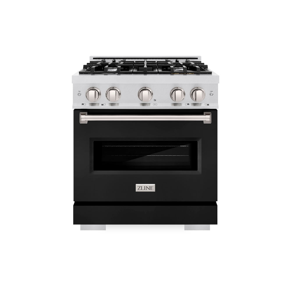 ZLINE 30 in. 4.2 cu. ft. Classic Dual Fuel Range with 4 Burner Gas Cooktop and Electric Convection Oven in Satin Stainless Steel with Black Matte Door (CDRS-BLM-30) front.