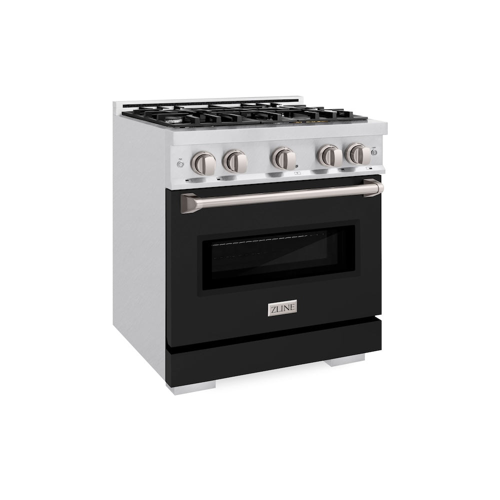 ZLINE 30 in. 4.2 cu. ft. Classic Dual Fuel Range with 4 Burner Gas Cooktop and Electric Convection Oven in Satin Stainless Steel with Black Matte Door (CDRS-BLM-30) main image.