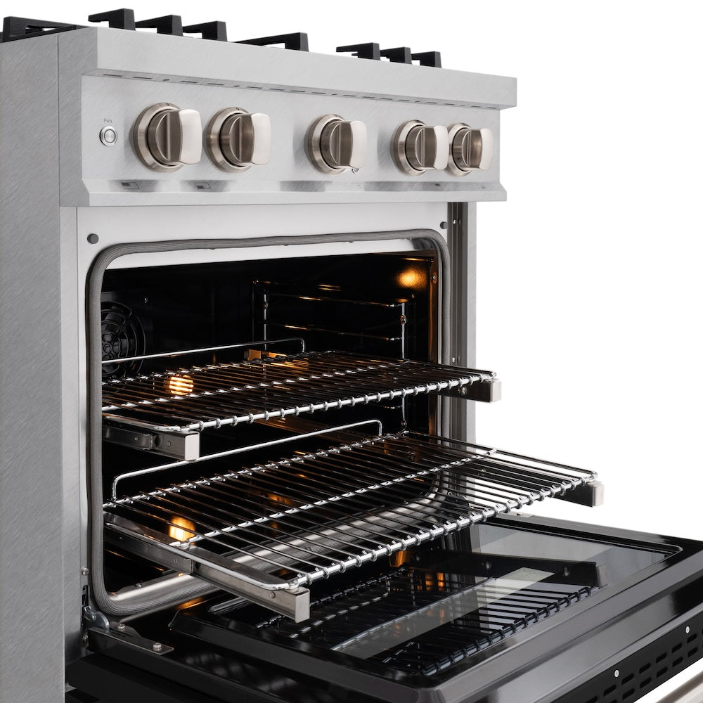 ZLINE 30 in. 4.2 cu. ft. Classic Dual Fuel Range with 4 Burner Gas Cooktop and Electric Convection Oven in Satin Stainless Steel with Black Matte Door (CDRS-BLM-30) side, racks extended.