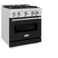 ZLINE 30 in. 4.2 cu. ft. Classic Dual Fuel Range with 4 Burner Gas Cooktop and Electric Convection Oven in Satin Stainless Steel with Black Matte Door (CDRS-BLM-30) side.
