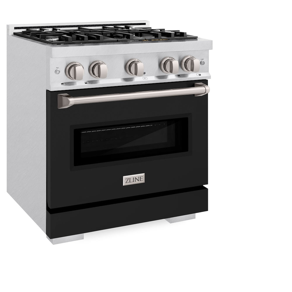 ZLINE 30 in. 4.2 cu. ft. Classic Dual Fuel Range with 4 Burner Gas Cooktop and Electric Convection Oven in Satin Stainless Steel with Black Matte Door (CDRS-BLM-30) side.