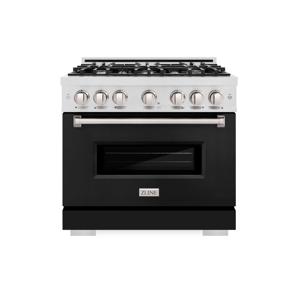 ZLINE 36 in. 5.2 cu. ft. Classic Dual Fuel Range with 6 Burner Gas Cooktop and Electric Convection Oven in Satin Stainless Steel with Black Matte Door (CDRS-BLM-36) front.