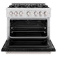ZLINE 36 in. 5.2 cu. ft. Classic Dual Fuel Range with 6 Burner Gas Cooktop and Electric Convection Oven in Satin Stainless Steel with Black Matte Door (CDRS-BLM-36) front, oven open.