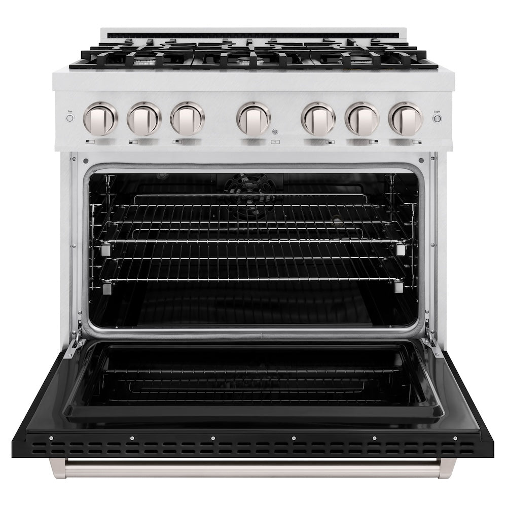 ZLINE 36 in. 5.2 cu. ft. Classic Dual Fuel Range with 6 Burner Gas Cooktop and Electric Convection Oven in Satin Stainless Steel with Black Matte Door (CDRS-BLM-36) front, oven open.