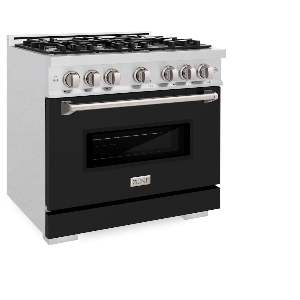ZLINE 36 in. 5.2 cu. ft. Classic Dual Fuel Range with 6 Burner Gas Cooktop and Electric Convection Oven in Satin Stainless Steel with Black Matte Door (CDRS-BLM-36) side.
